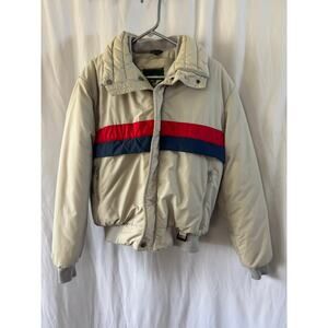 Quail Run Vintage Puffer Coat – Beige with Red and Navy Stripe – Size Medium